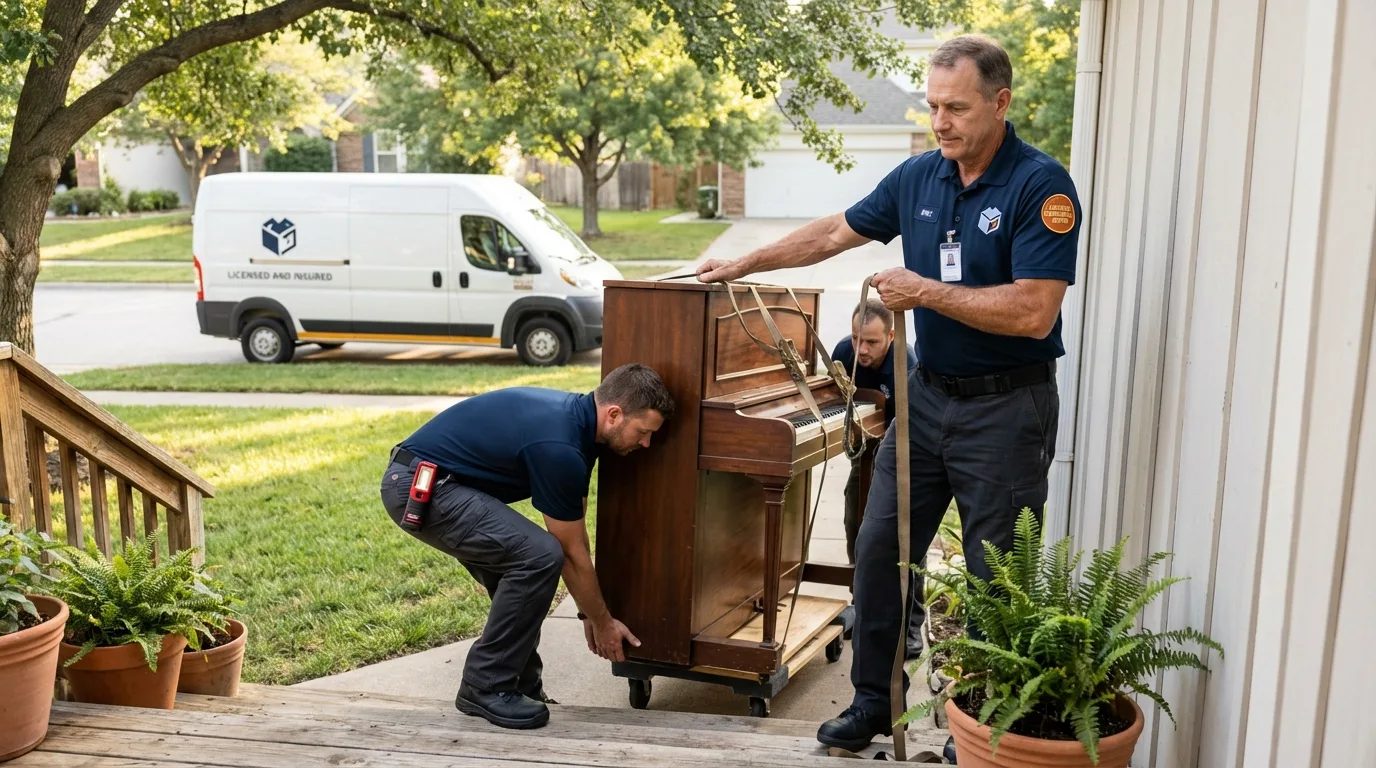 Licensed piano movers securing grand piano in West Chester, PA
