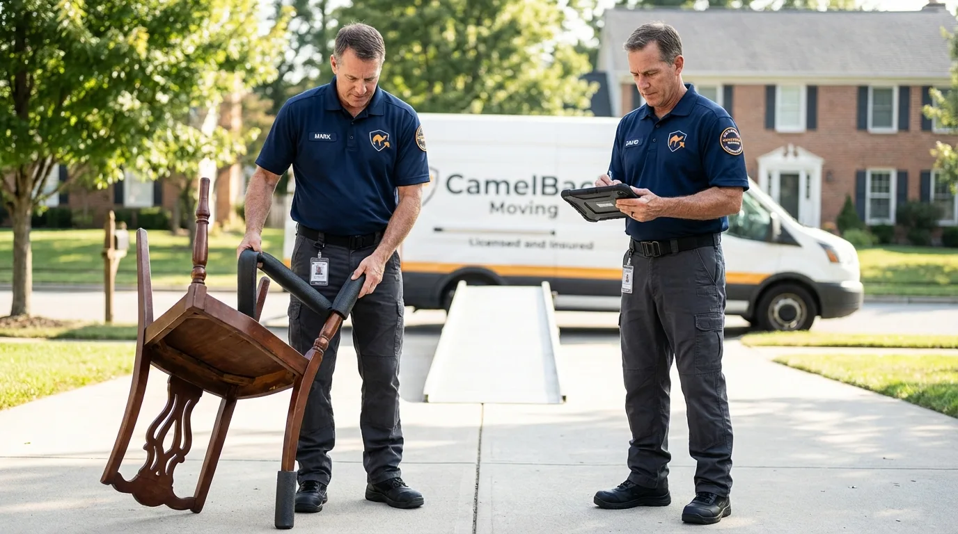 Movers inspecting furniture for damage prevention before loading in West Chester, PA