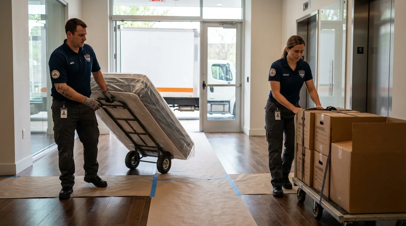 Professional apartment movers loading elevator in West Chester, PA