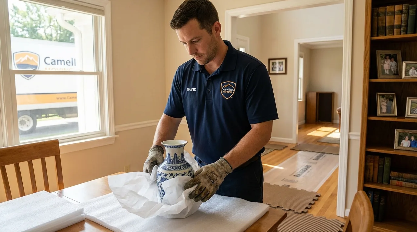 Professional crew carefully wrapping antique vase for senior downsizing move in West Chester, PA